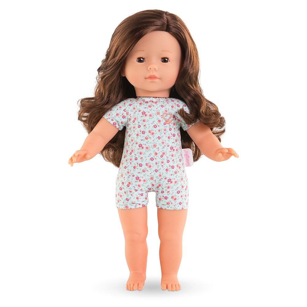 Poupée Corolle 36cm avec cheveux longs et vêtements à motifs floraux, parfaite pour les enfants.