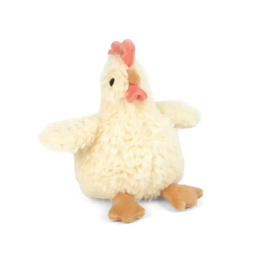 Peluche poulette Hazel jaune avec plumes douces et crête rosée, parfaite pour les câlins.