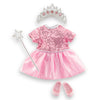 Coffret princesse anniversaire poupée Corolle, comprenant robe rose, couronne, baguette et chaussures.